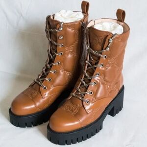 GUCCI GG Matelasse Lux Nappa Leather Combat Boots Brown Leather Brand New